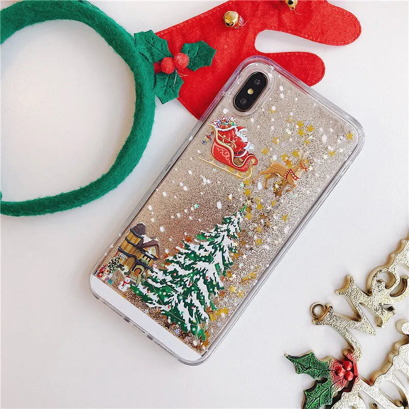 Transparent quicksand iPhone case with Santa Claus Christmas tree design in pink colour
