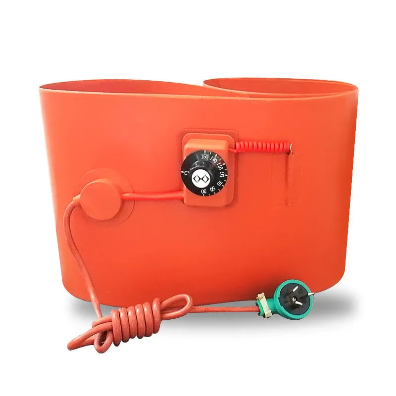 Silicone rubber heating belt wrapped around 200-litre oil drum with digital temperature controller