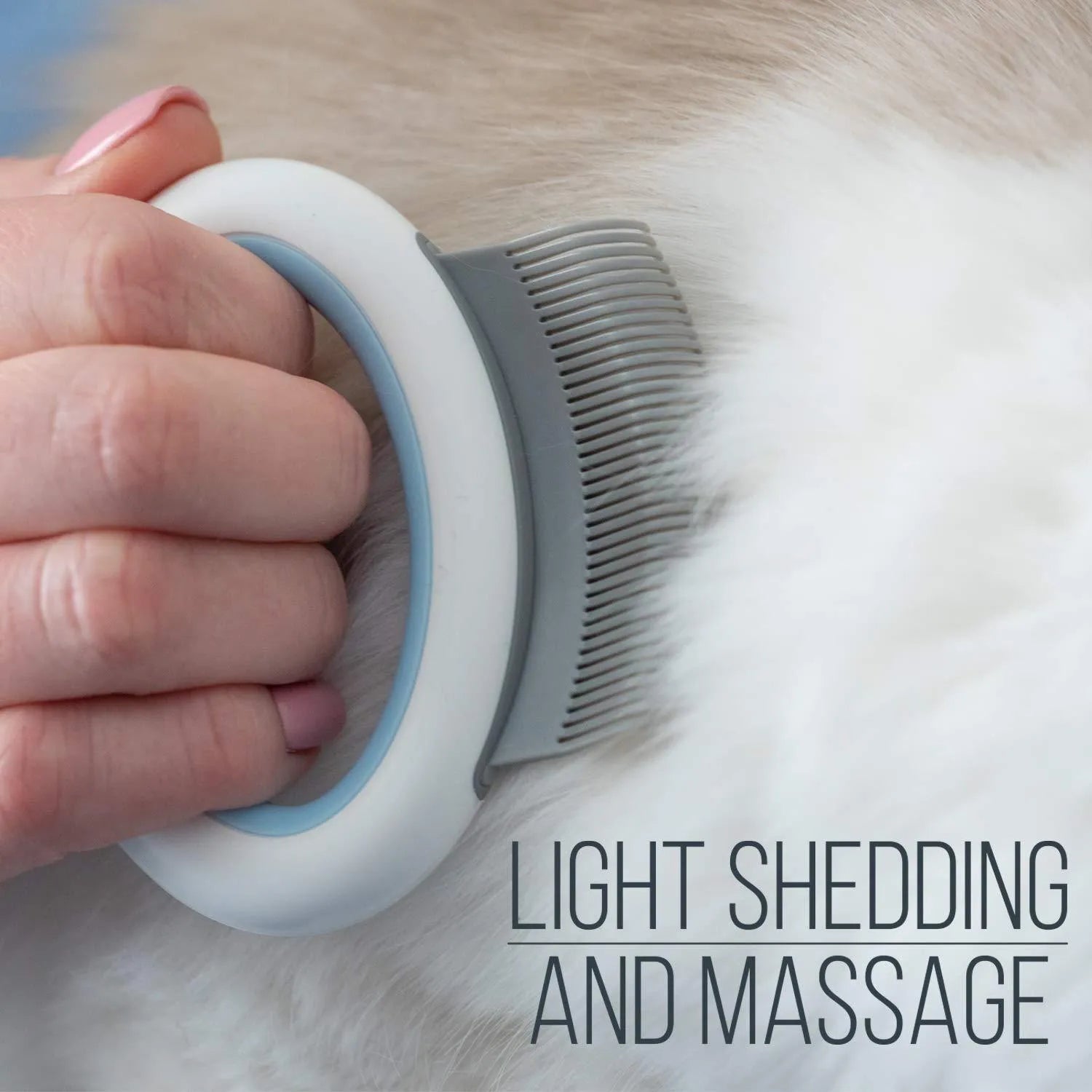 Blue pet deshedding comb with soft teeth and ergonomic plastic handle for cats and dogs.