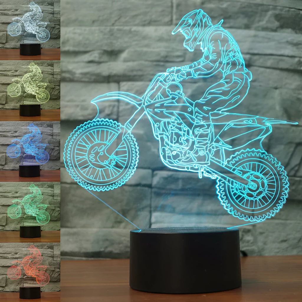 3D night light displaying a motorcycle design with colour-changing LED illumination on a black acrylic panel