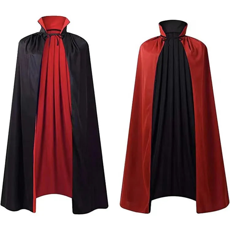 Black satin hooded cloak displayed flat showing full length and hood detail