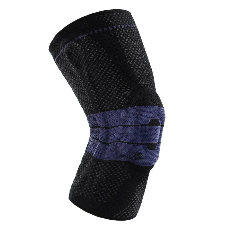 Adult sports kneecap or knee pad in black and blue colour, made from nylon spandex, shown on a knee.