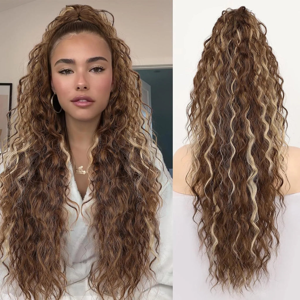 Long, fluffy curly synthetic ponytail wig in a high temperature fibre, shown in a 30-inch length.