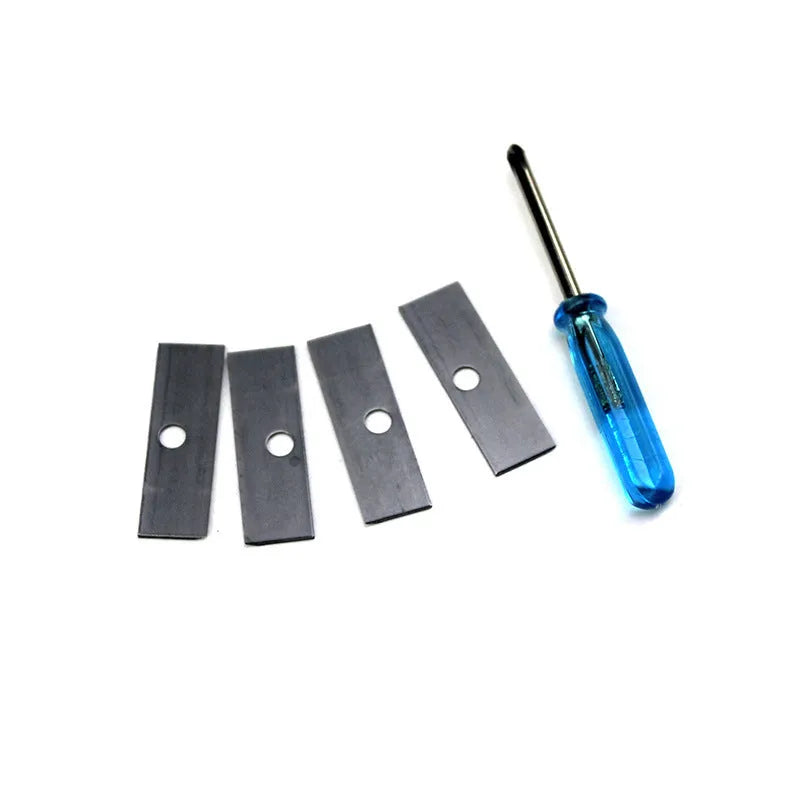 Geometric plastic pencil sharpener with four holes, shown with blades and a screwdriver.