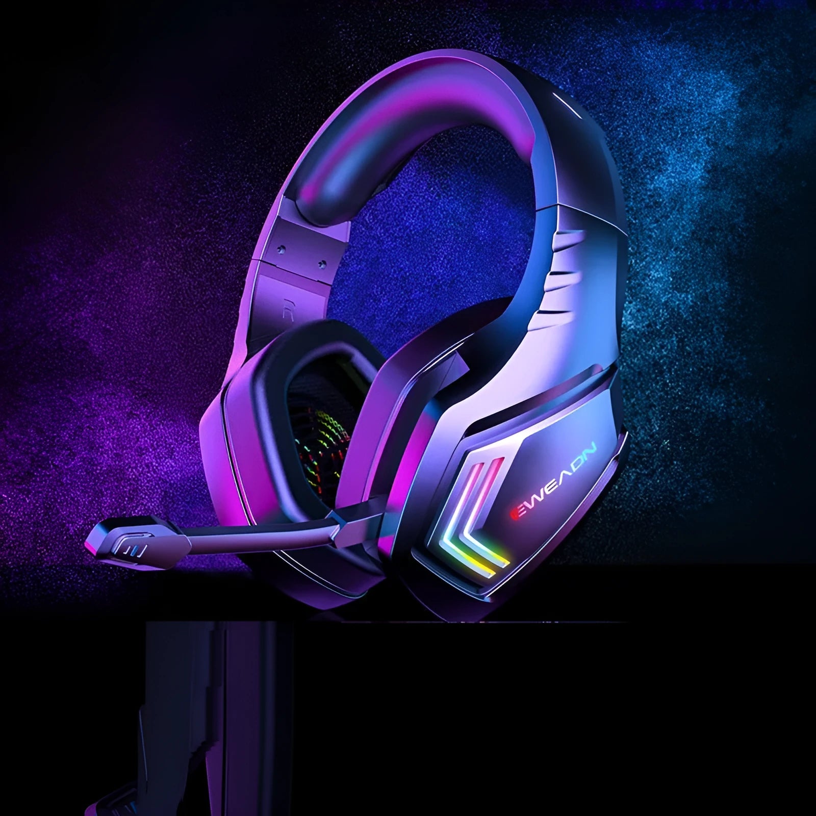 Black wireless Bluetooth headset with RGB lighting and over-ear design for noise reduction