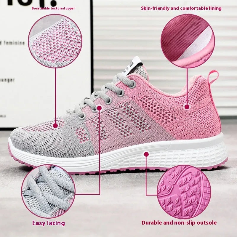 Women's flyknit running shoes with soft sole in black, rose red, or gray pink colours