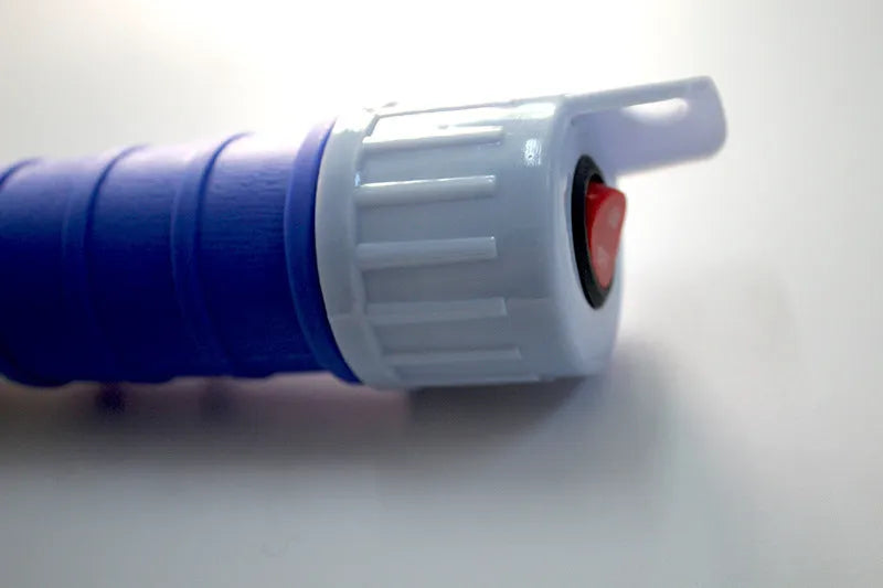Blue and red manual hand siphon pump for transferring fuel, oil, and chemicals.