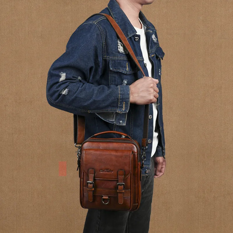 Genuine leather retro hand-rubbed top-grain cowhide shoulder bag for men light brown 8 inch