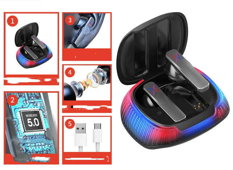 Hall Flashing wireless gaming headset in black or white earplug style with Bluetooth 5.0 connectivity