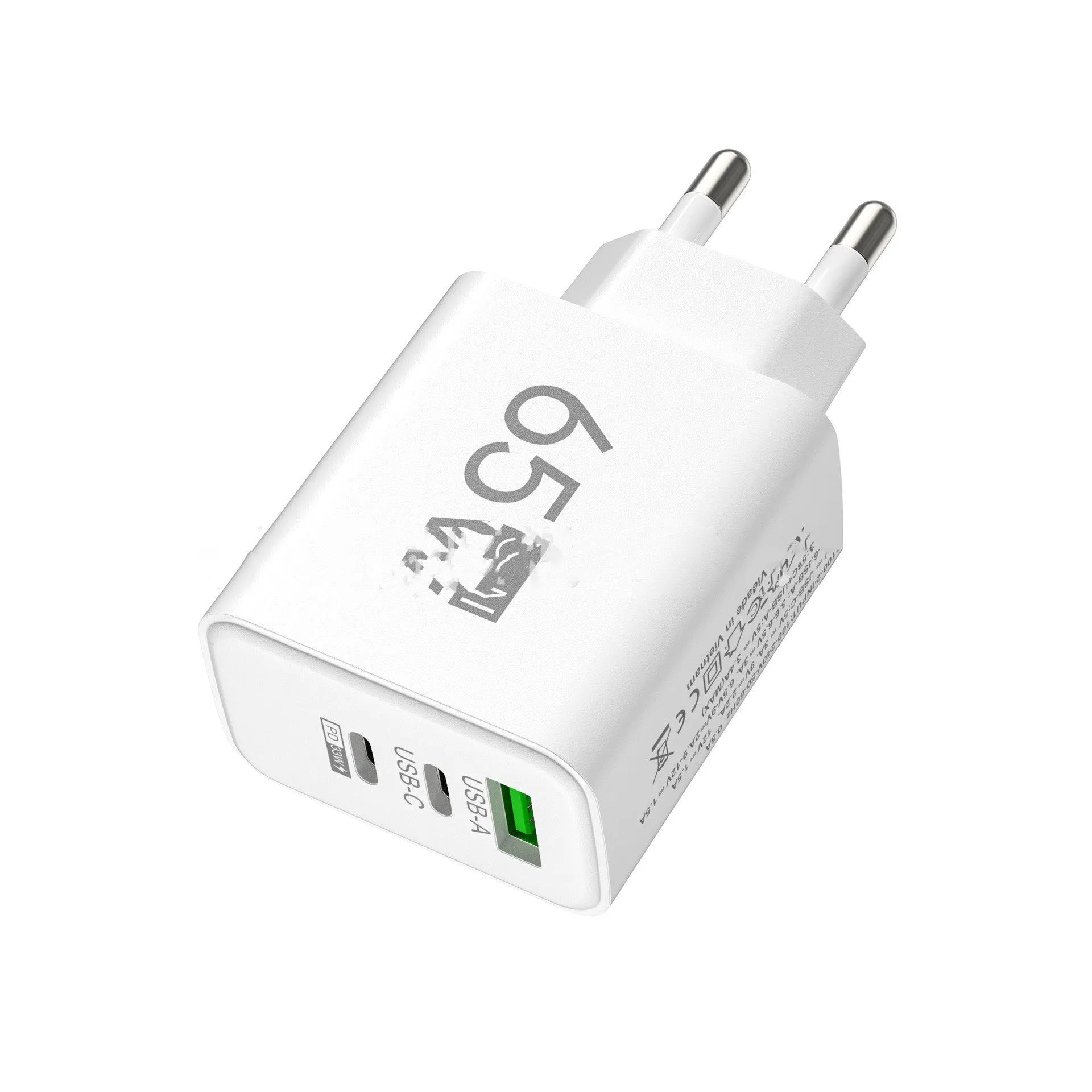 65W frosted square multi-port charger with 1 USB and 2 PD ports in EU White