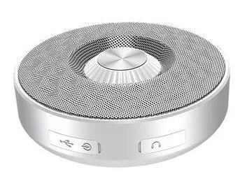 Compact portable Bluetooth speaker in black, orange, or silvery white with wireless audio and FM radio.