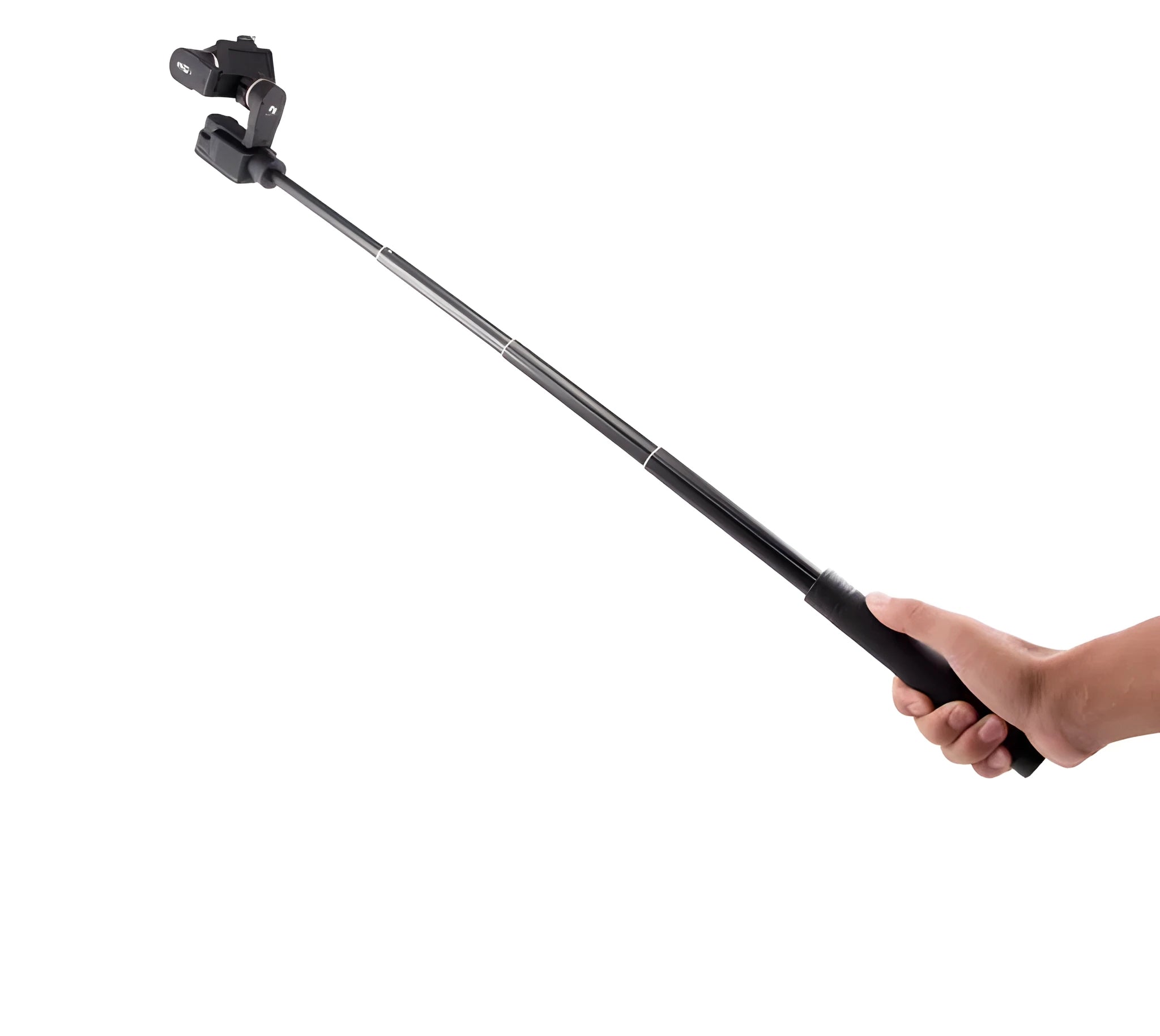 Black retractable aluminium selfie stick extended to its full 1-metre length with a universal phone mount attached.