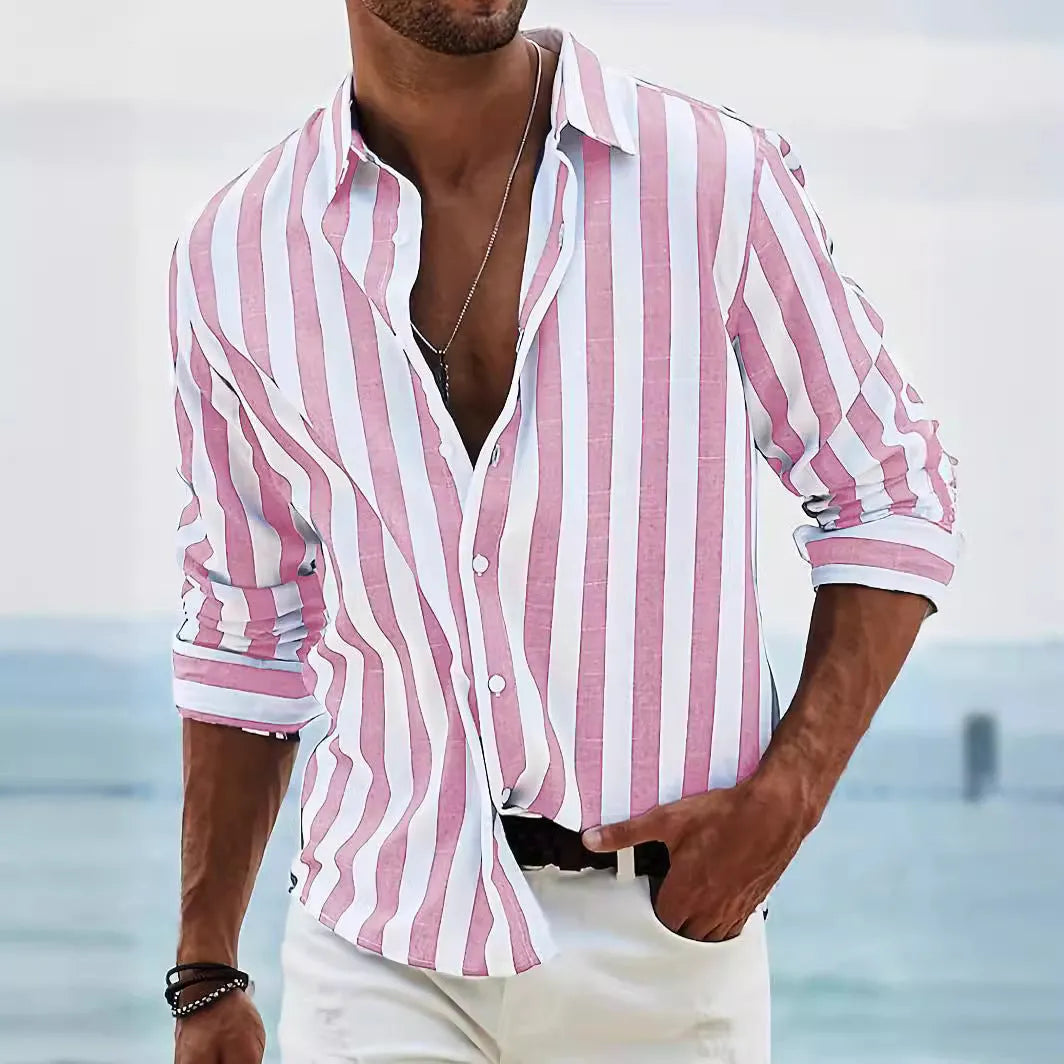 Men's striped loose long-sleeved shirt in British cardigan style with yarn-dyed pattern
