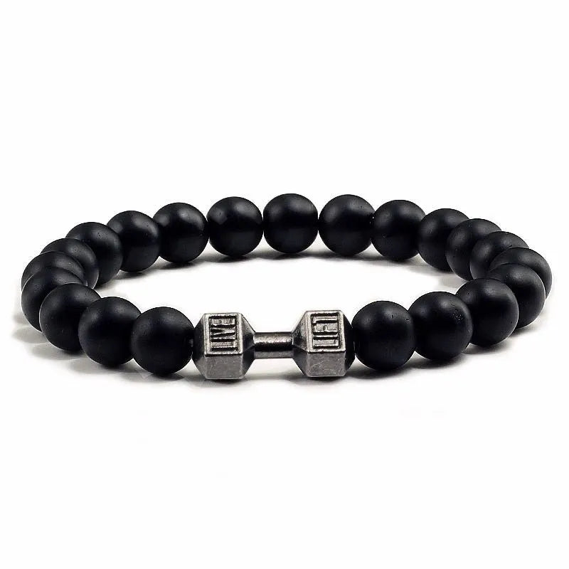 Natural volcanic stone beads bracelet black lava unisex electroplated black matte gold dumbbell detail