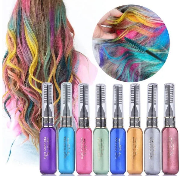 13-colour temporary hair dye mascara pens in Black, Blue, Purple, Gold and more on a white background