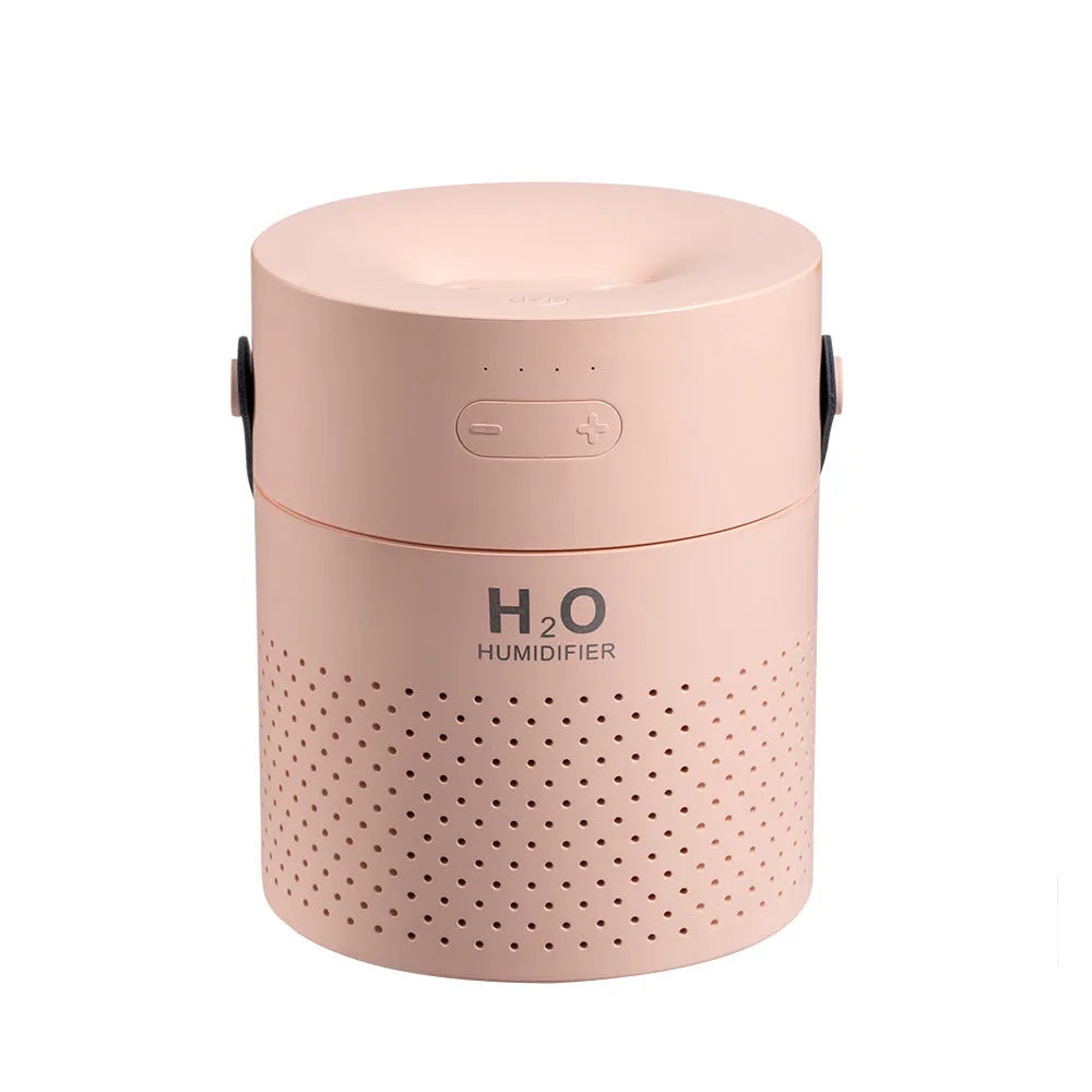 Slim USB rechargeable humidifier with 1.1L water tank in green, grey, pink or white colour.