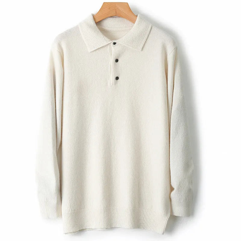 Men's polo collar wool sweater pullover in multiple colours on a size chart background.