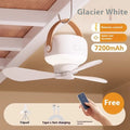 Rechargeable portable camping fan with night light, remote control, and hanging bracket on a blue background.