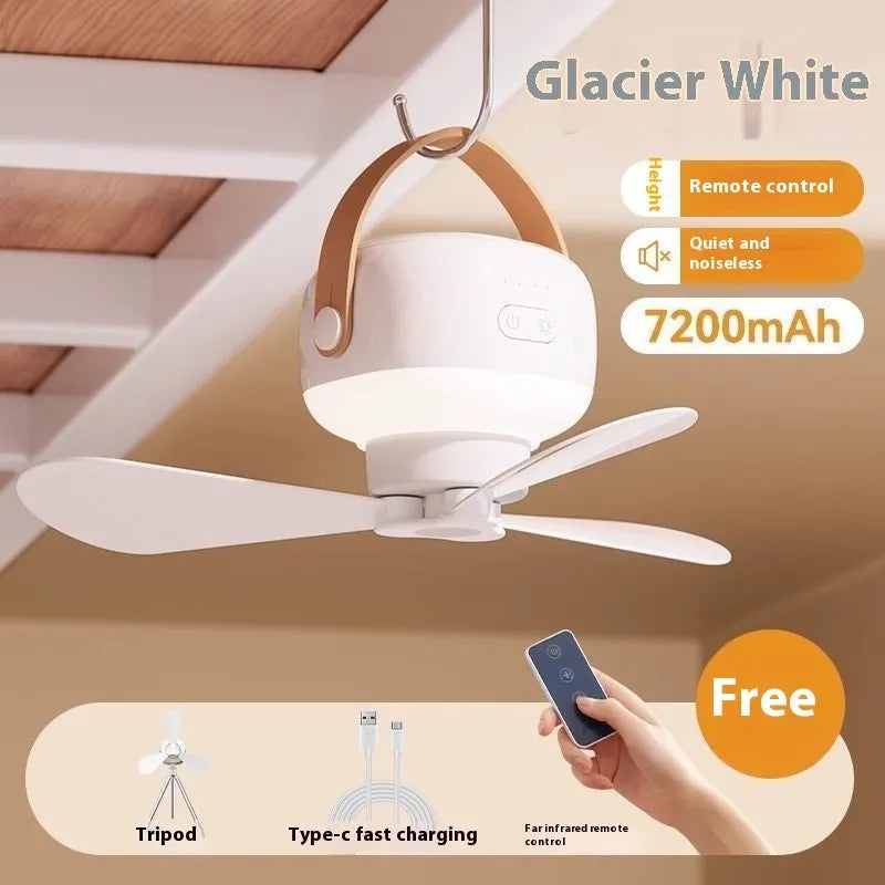 Rechargeable portable camping fan with night light, remote control, and hanging bracket on a blue background.