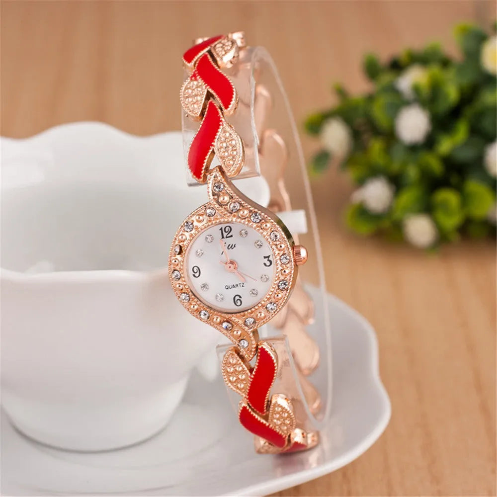 Women's love strap diamond watch with heart-design strap and rhinestone dial in black or red, 21cm total length