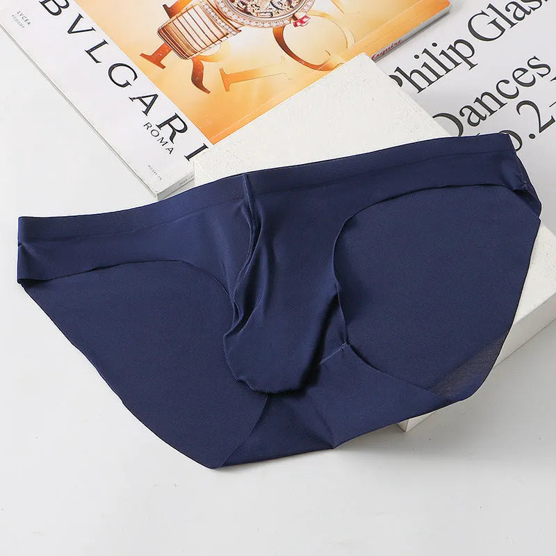 Men's ice silk seamless briefs with gun egg compartment in multiple colour options showing mid-waist design