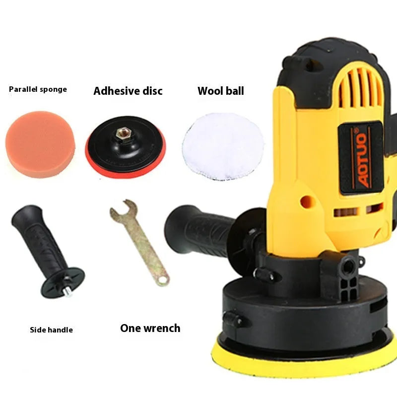 Yellow 110V car polishing machine 9-piece set with 700W motor, disc, wool ball, wrench, and side handle on a workshop bench