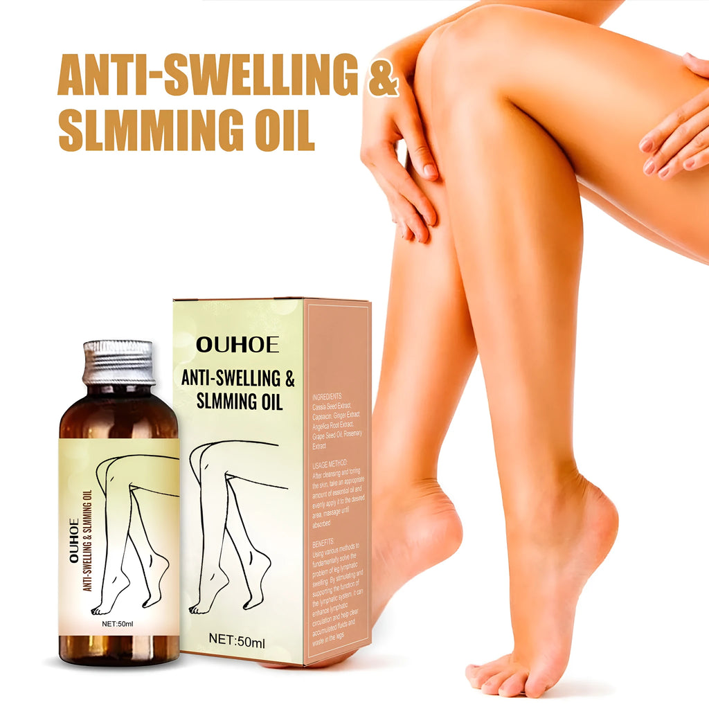 50ml bottle of moisturising body oil with natural extracts for skin care and leg massage.