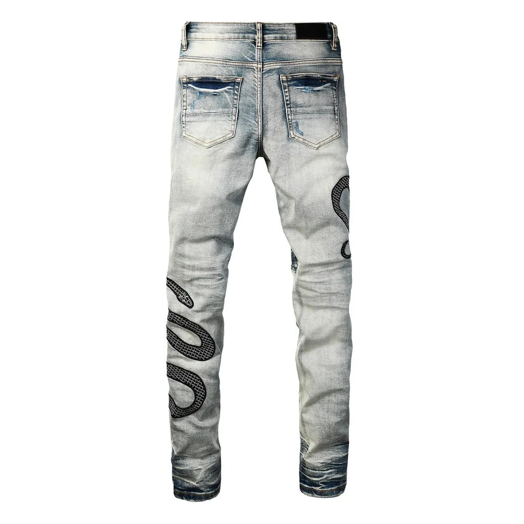 Street fashion distressed skinny jeans in 8934Blue wash with a tight fit and button fly.