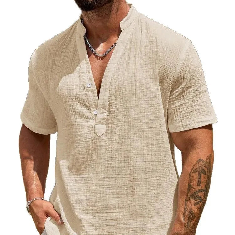 Men's solid colour short-sleeved stand collar shirt in a lightweight fabric on a hanger.