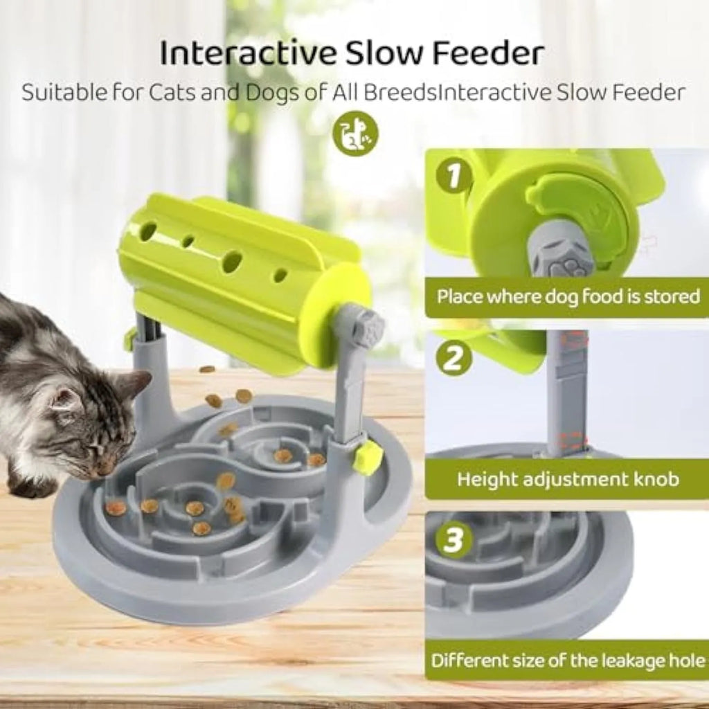 Blue adjustable height interactive slow feeder bowl for pets with raised pattern food tray
