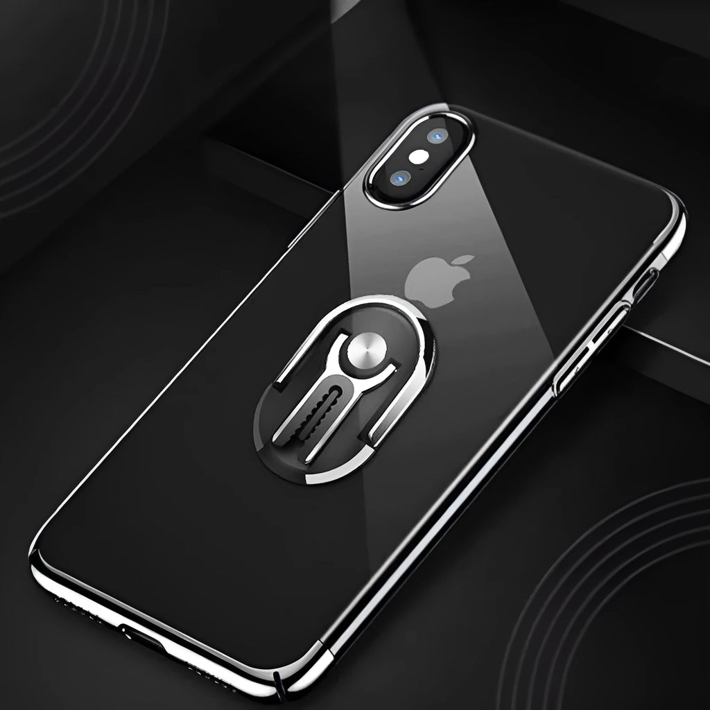 Universal black car phone bracket with 360-degree rotating ring and adhesive base mounted on a dashboard