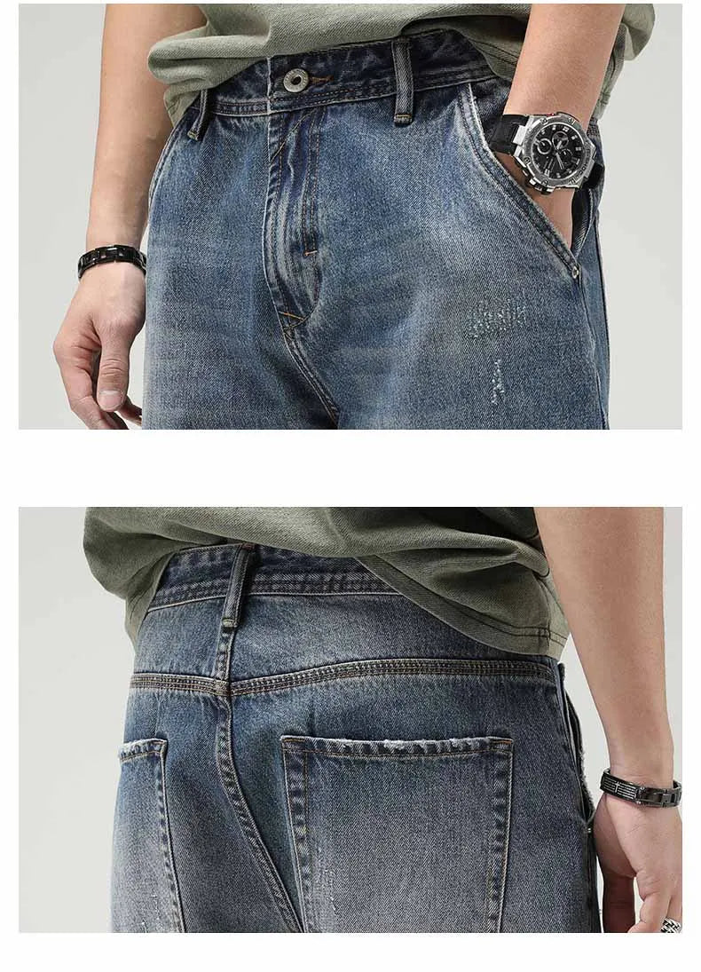 Men's retro straight-leg jeans in blue 100% cotton denim with mid-rise waist and zipper fly