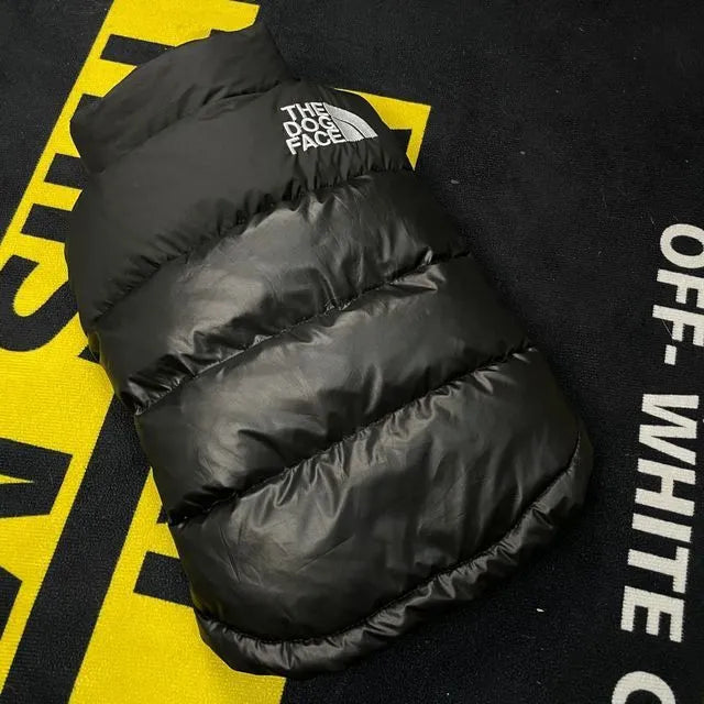 Thick warm down vest for small breed dogs in black, front view, with size S to XXL options
