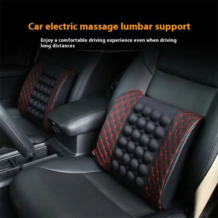Car electric massage lumbar support pillow with PU leather and latex filler in Black Ribbon Red line