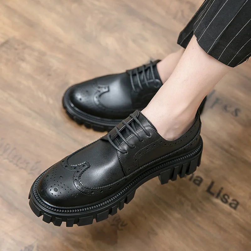 Men's black artificial PU brogue shoes with round toe and decorative perforations on a white background.