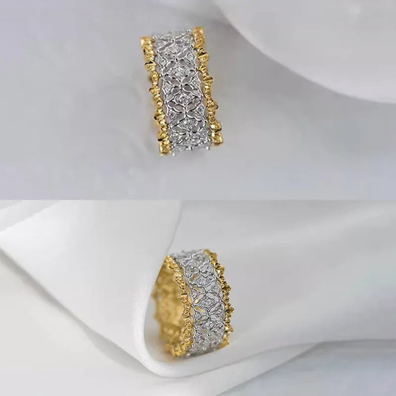 Geometric women's copper ring with a round zircon stone in a two-tone electroplated finish.