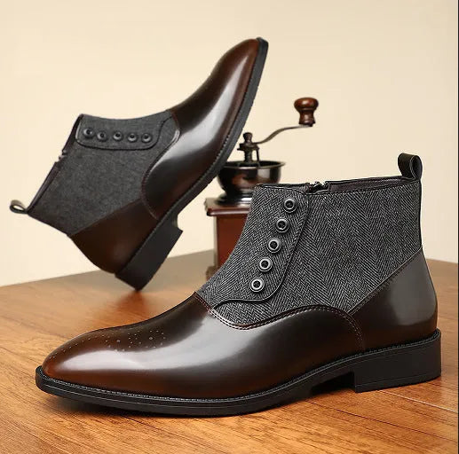 Men's brown retro formal leather-look shoes with side zipper and square toe on a rubber sole.