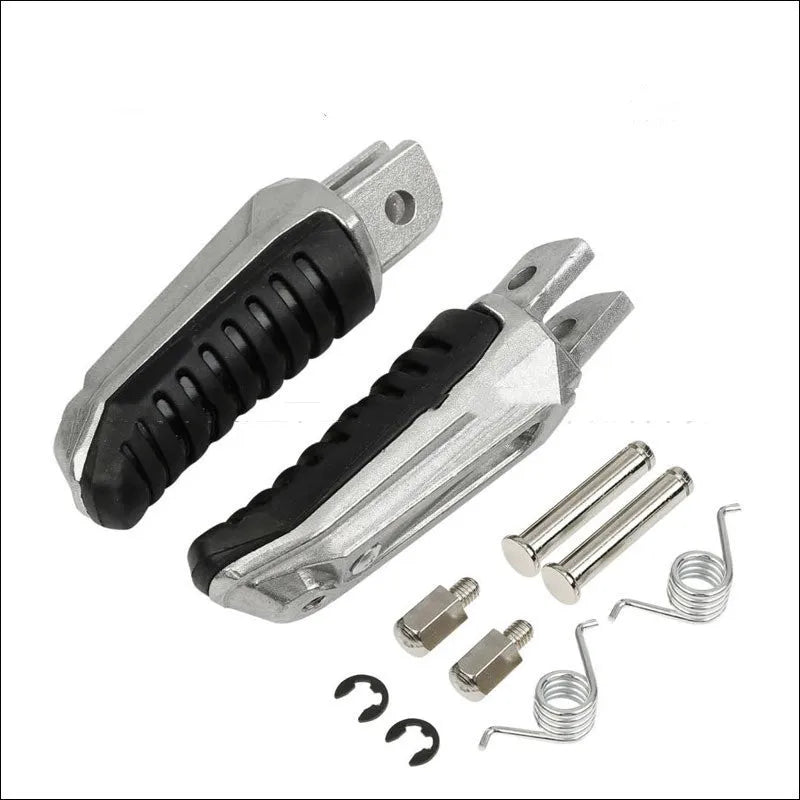 Black aluminium alloy motorcycle foot pegs set for Suzuki Hayabusa and V-Strom models.
