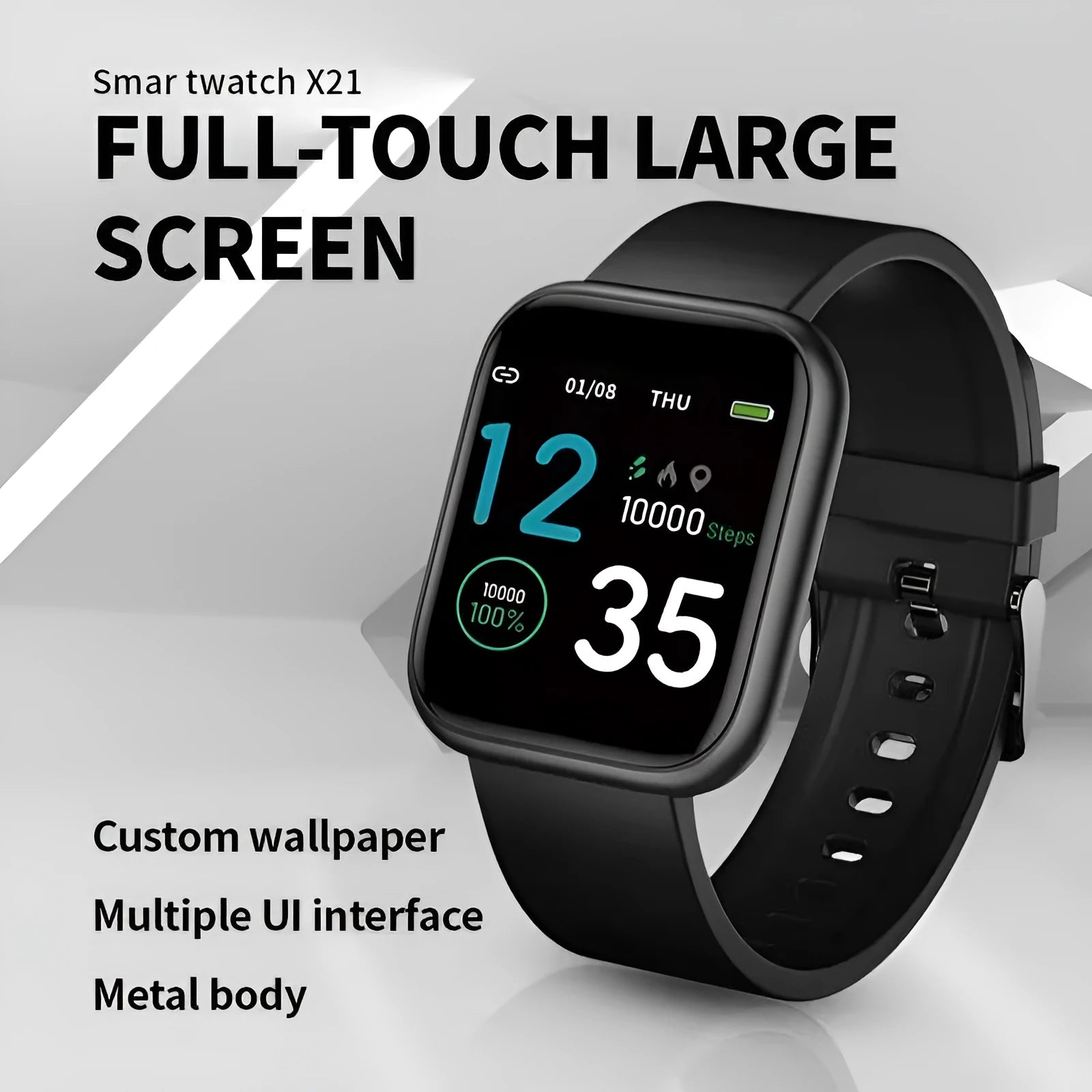 Smart watch with colour touch screen displaying health metrics, shown with a black Huami watchband.