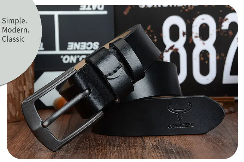 Men's two-layer cowhide leather belt with square alloy pin buckle in black finish