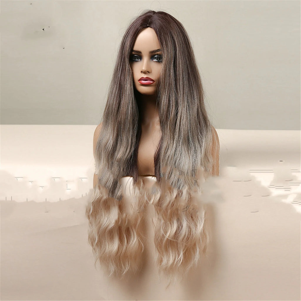 75cm medium brown gradient blonde curly wig on head form showing length and bangs