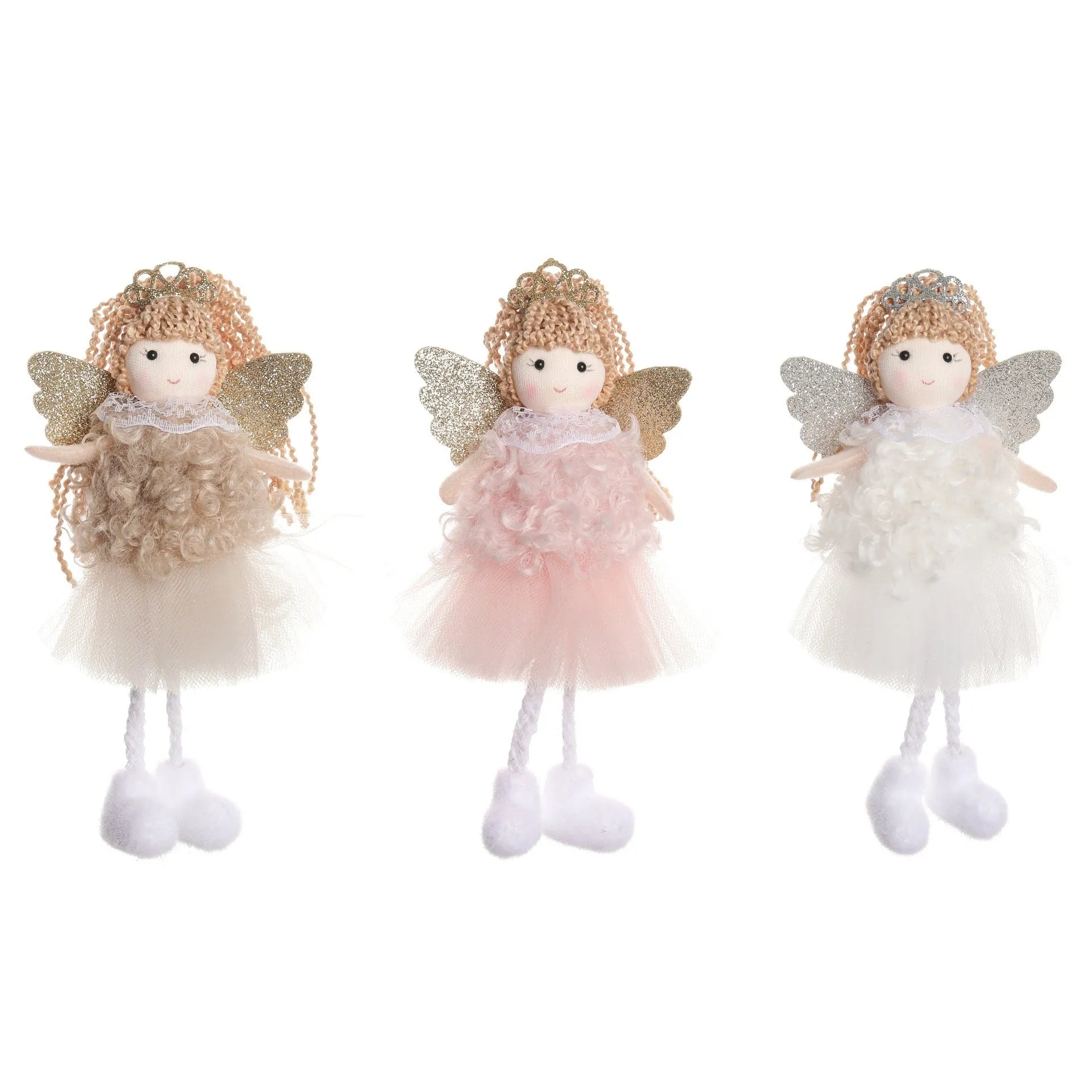 Cartoon-style Christmas angel fabric hair pendant on a girl's high ponytail.