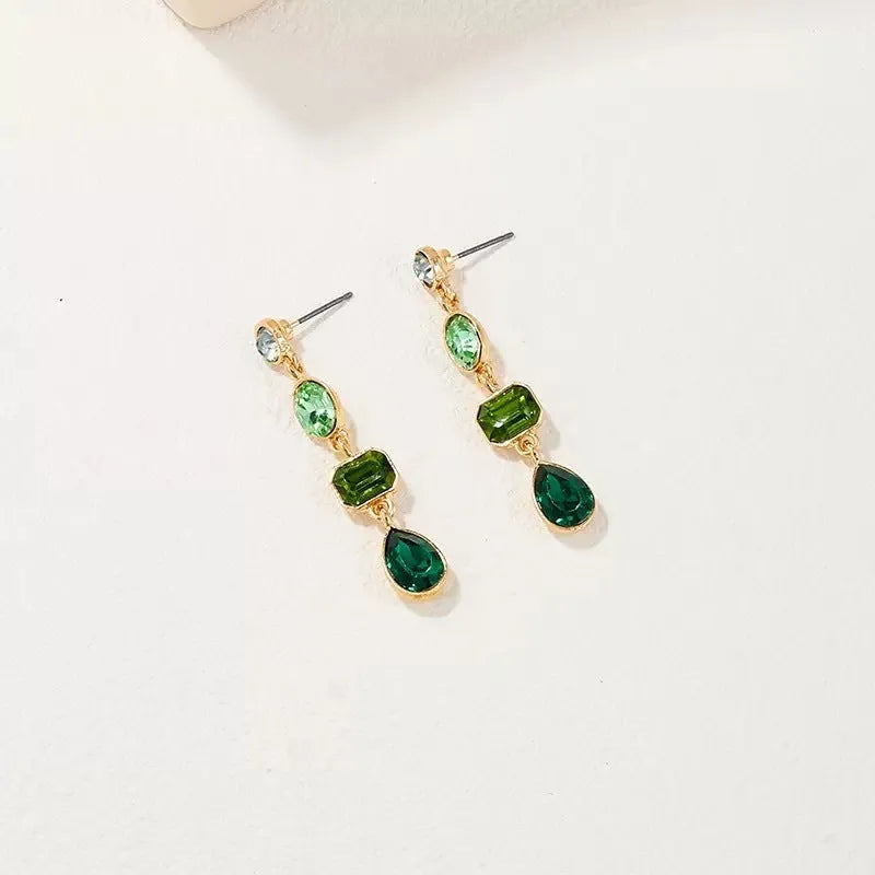 Round stud geometric tassel drop earrings for women, green colour, 8.5 cm length, alloy and imitation pearl beads