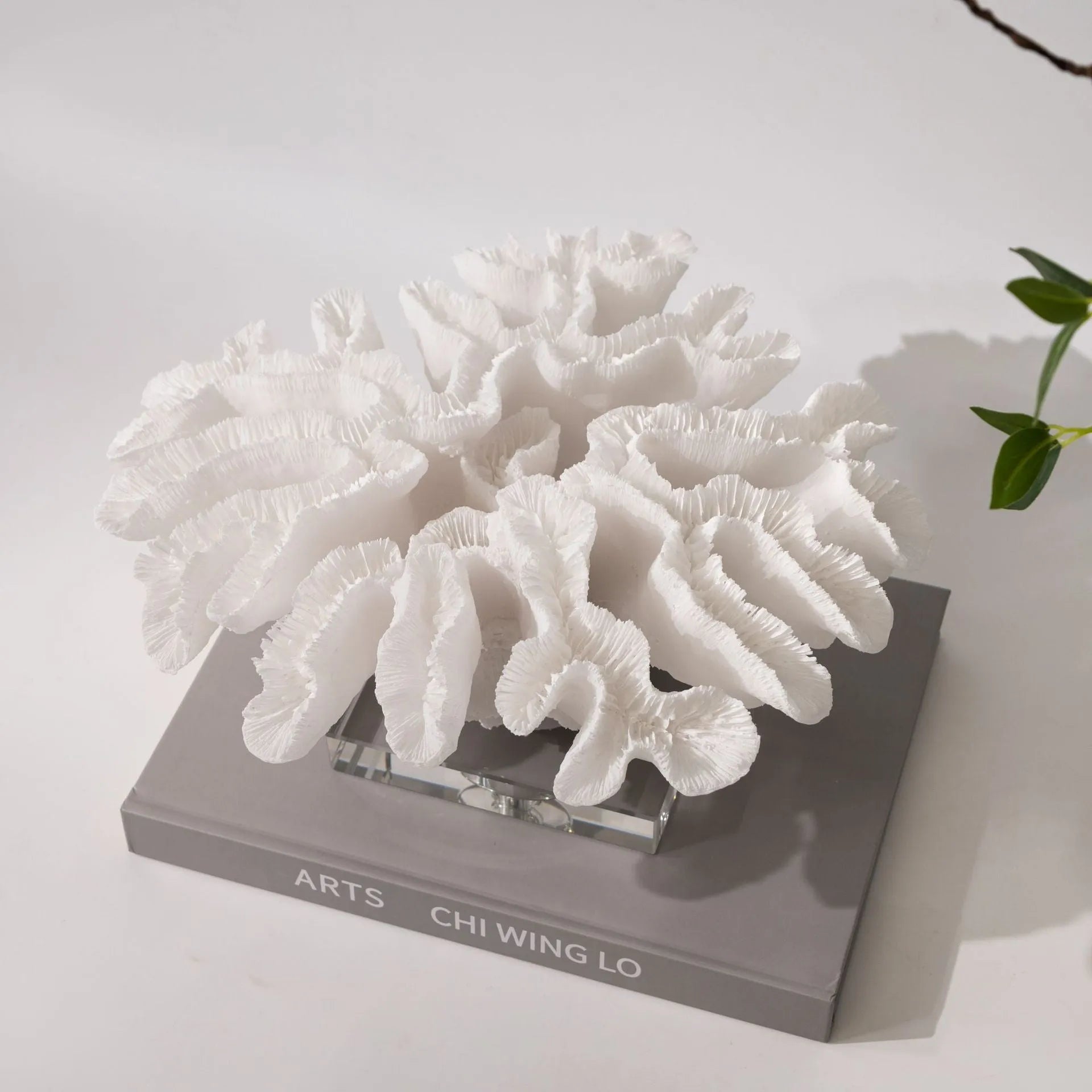 Nordic modern light luxury resin coral ornament, white colour, 34x31x15cm, on a wooden desk