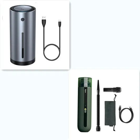BASEUS wireless handheld car vacuum cleaner in black, white, or green with blowing hose.
