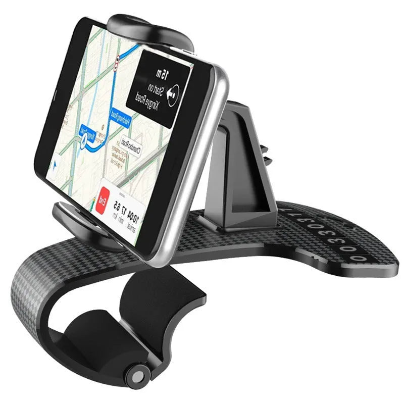 Black car phone holder with adjustable arms and a 360-degree rotating head mounted on a car air vent.