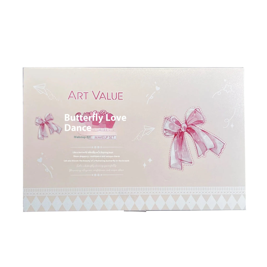 Butterfly Box makeup set showing four matte lip mud tubes, powder blusher compact, and necklace accessory