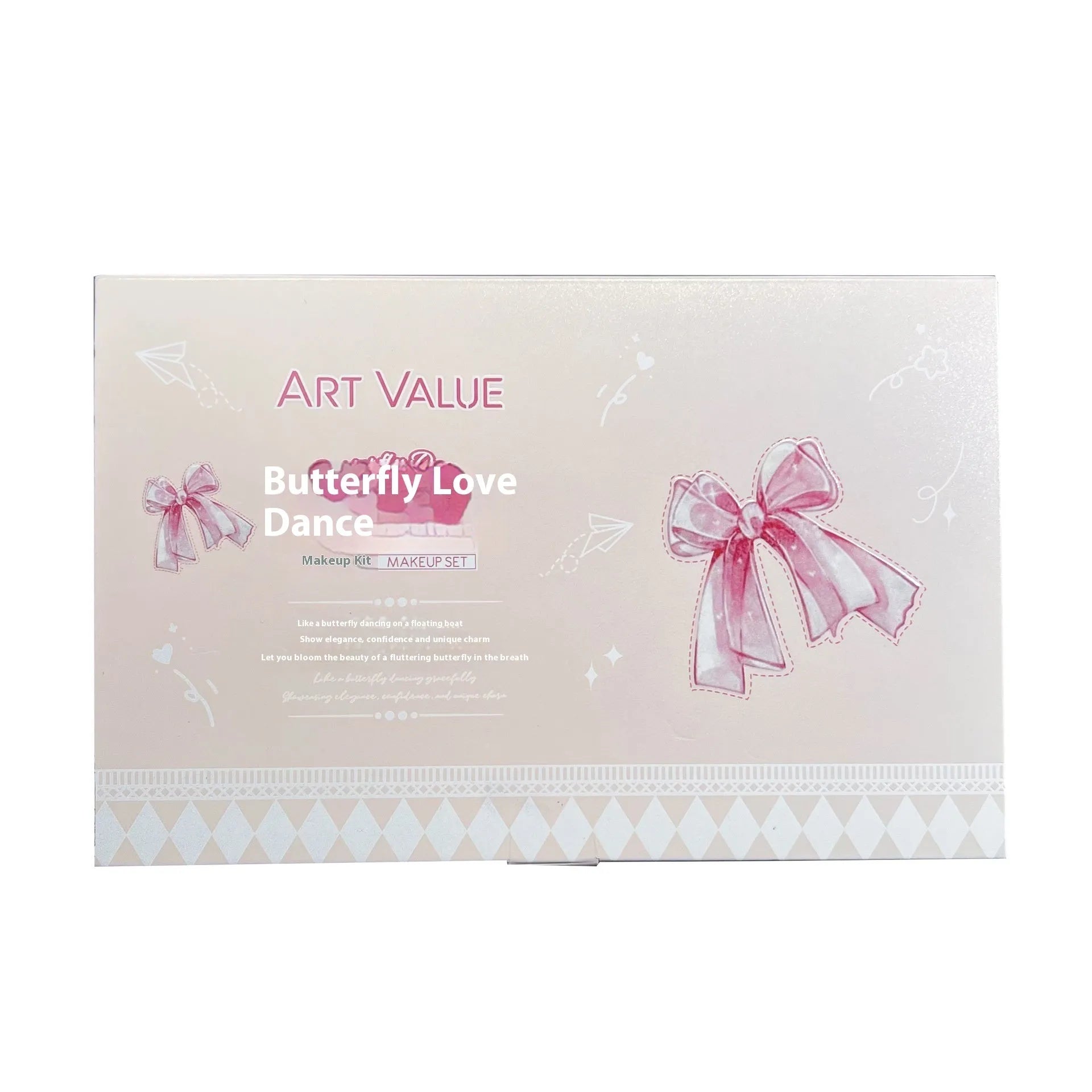 Butterfly Box makeup set showing four matte lip mud tubes, powder blusher compact, and necklace accessory