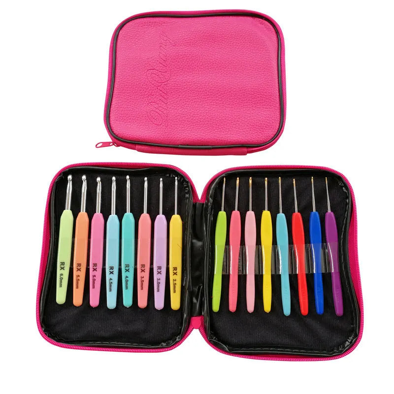 Complete set of 16 crochet hooks with soft and hard plastic handles in a PU storage bag.