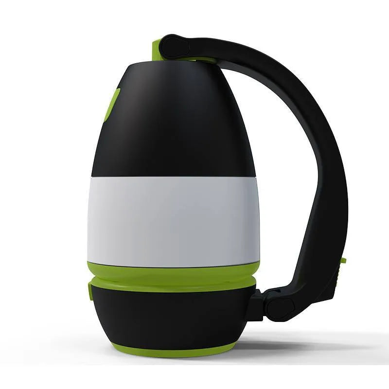 Black green multifunctional LED camping lamp with adjustable head, shown with USB cable.